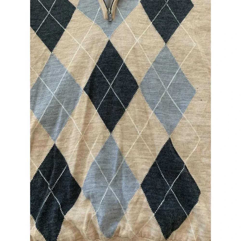 Footjoy Quarter Zip Golf Sweater Mens XXL Tan Beige Argyle 100% Wool Wind Logo